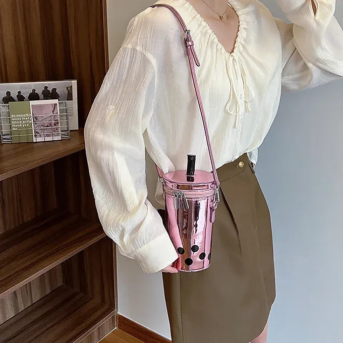 Novelty Boba Cup Shape Shiny Patent Leather Crossbody Bag