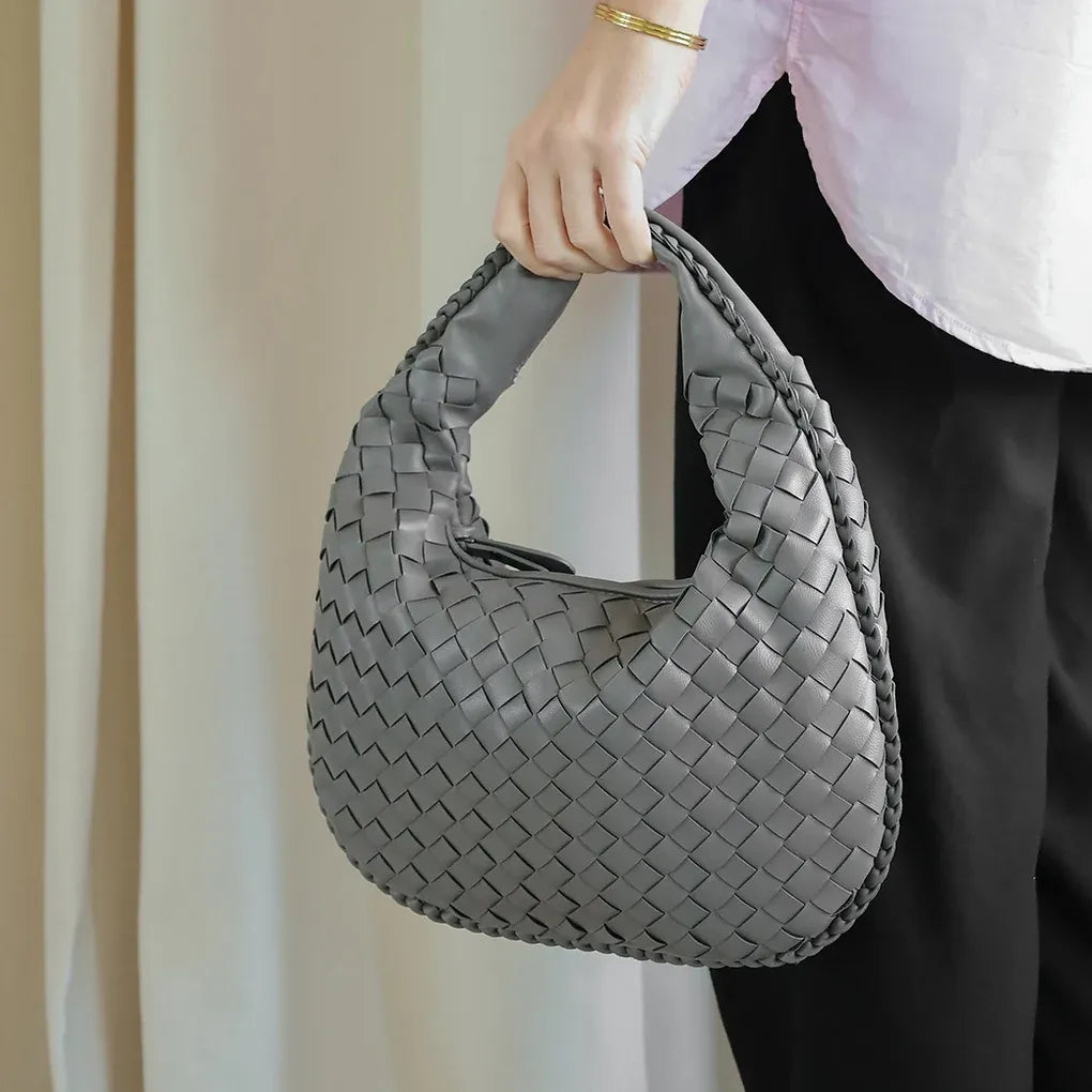Woven Zipper Top Handle French Style PU Leather Tote Bag