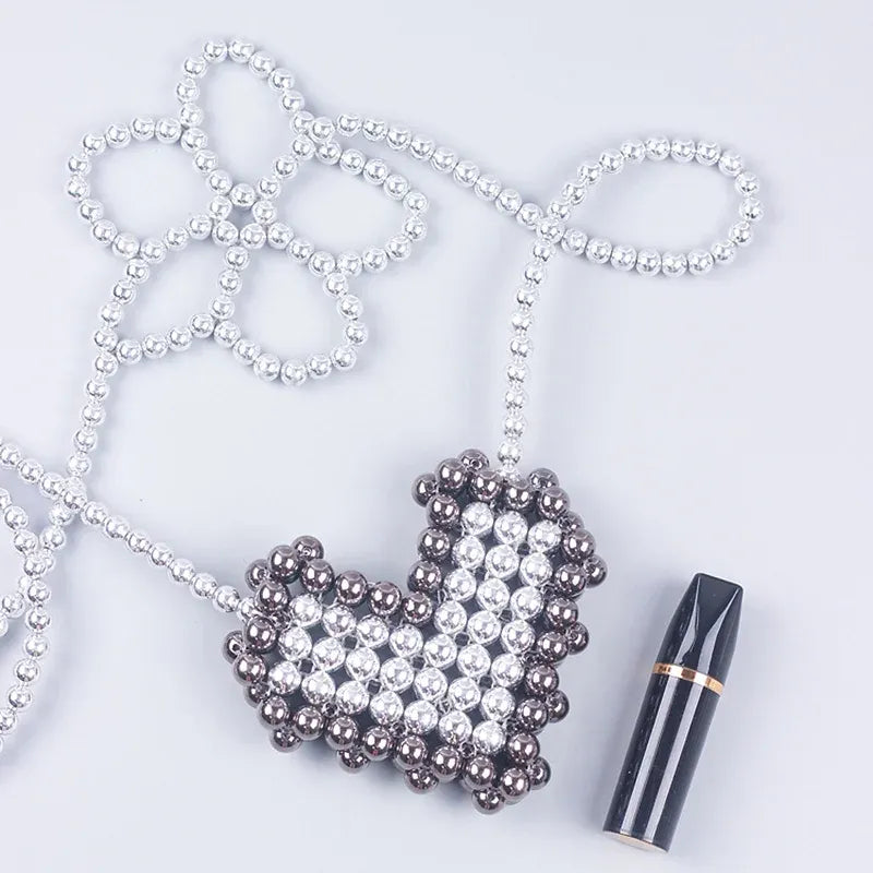Chic Floral Pearl Chain Heart Woven Mini Shoulder Bag