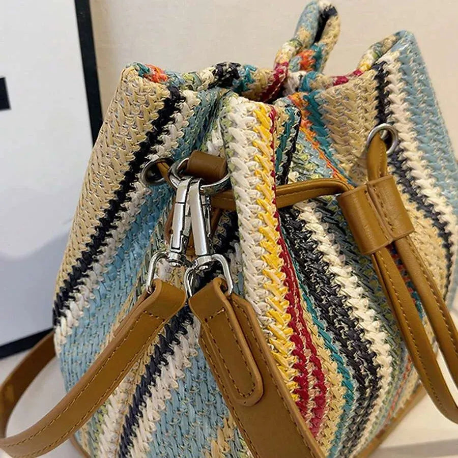 Chic Rainbow Stripe Crochet Leather Trim Drawstring Bucket Bag