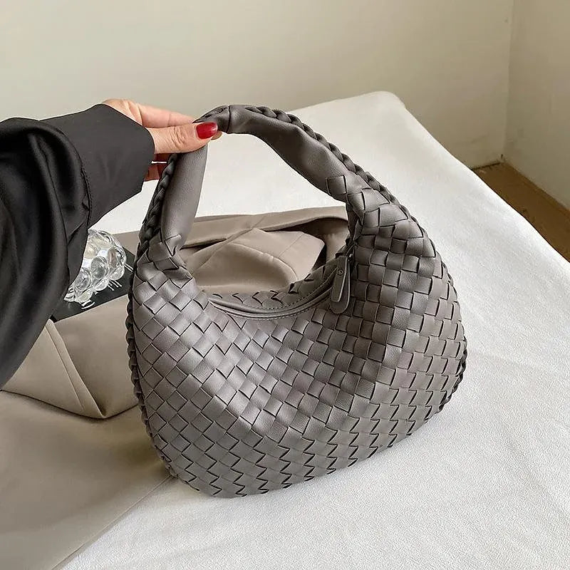 Woven Zipper Top Handle French Style PU Leather Tote Bag