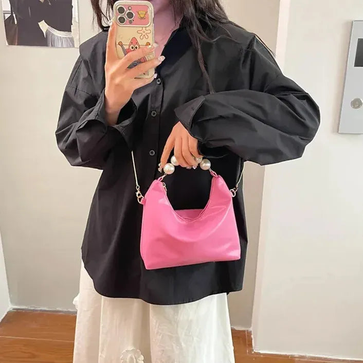Chain Pearl Beaded Strap Leather Shoulder Bag
