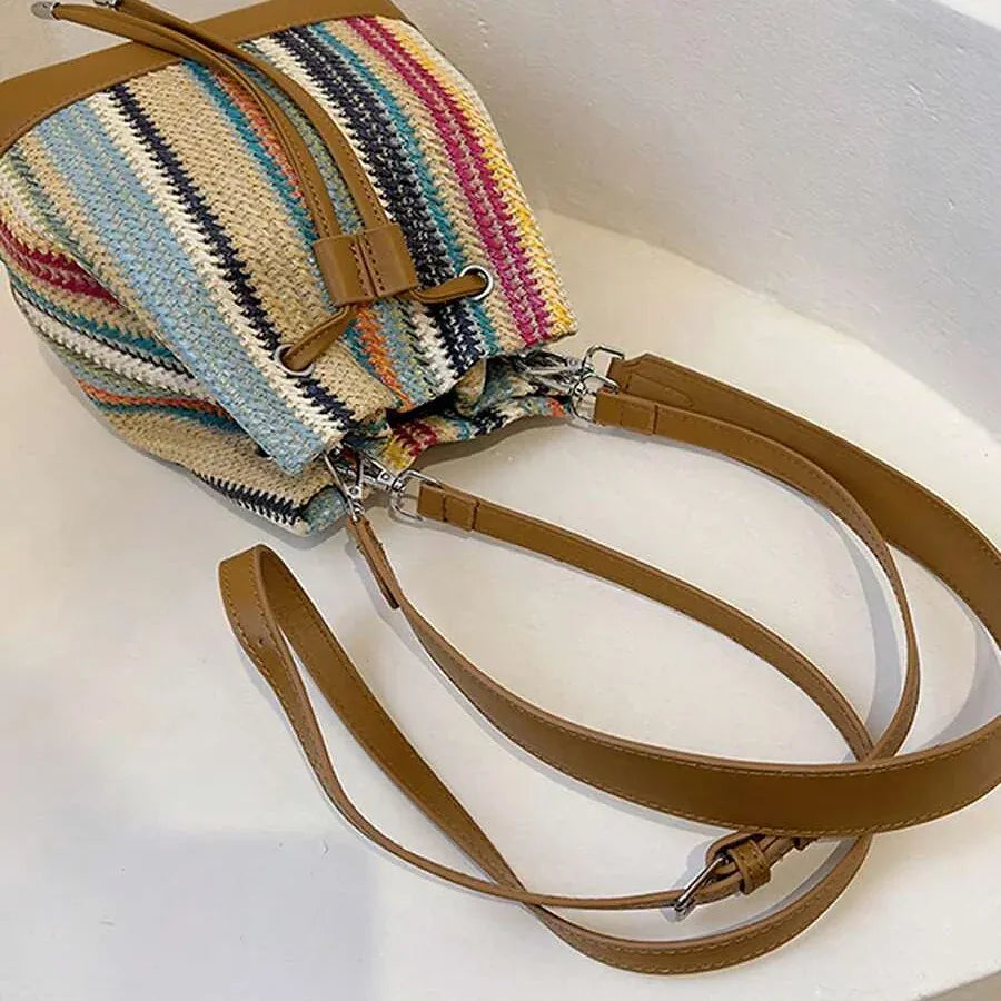 Chic Rainbow Stripe Crochet Leather Trim Drawstring Bucket Bag