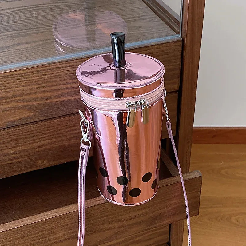 Novelty Boba Cup Shape Shiny Patent Leather Crossbody Bag