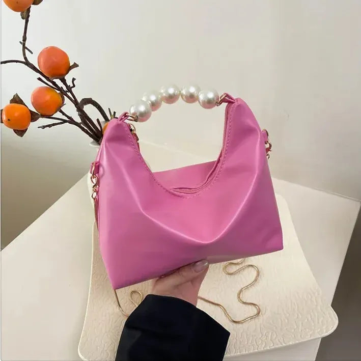 Chain Pearl Beaded Strap Leather Shoulder Bag