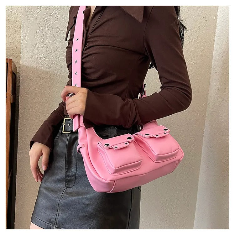 Luxury Crescent Shape Double Pocket Adjustable Strap PU Leather Crossbody Bag