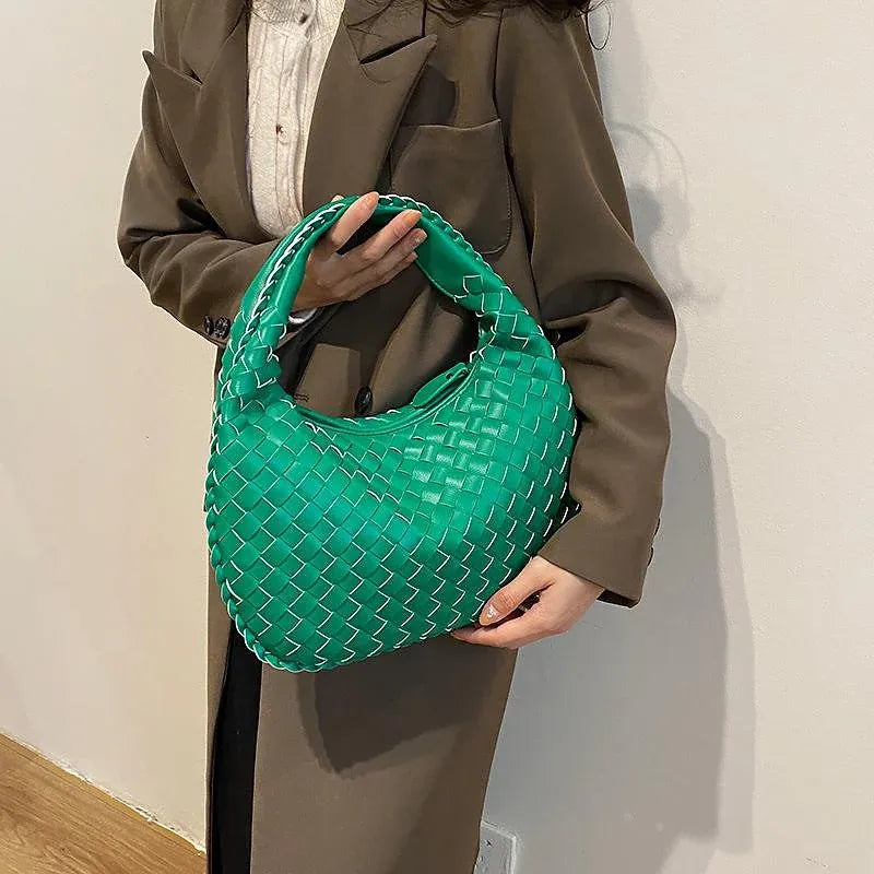 Woven Zipper Top Handle French Style PU Leather Tote Bag