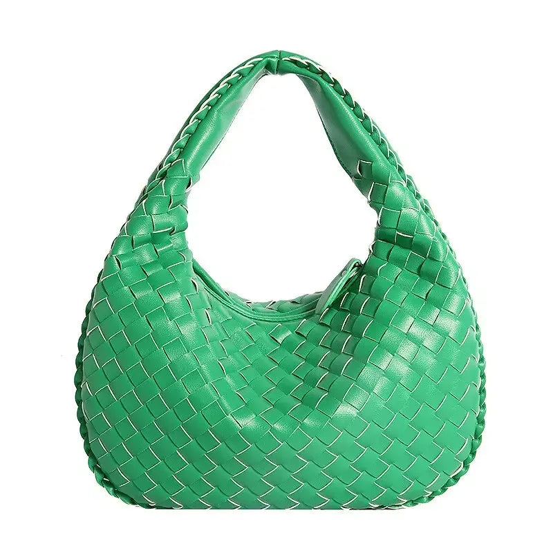 Woven Zipper Top Handle French Style PU Leather Tote Bag