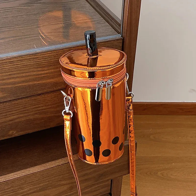 Novelty Boba Cup Shape Shiny Patent Leather Crossbody Bag