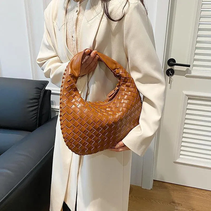 Woven Zipper Top Handle French Style PU Leather Tote Bag