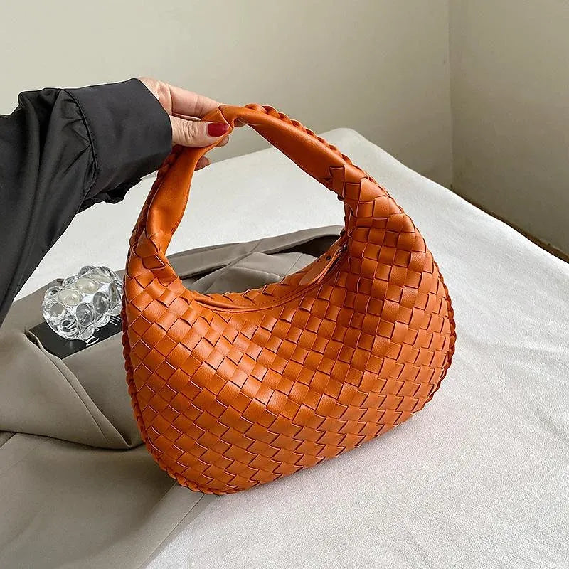 Woven Zipper Top Handle French Style PU Leather Tote Bag