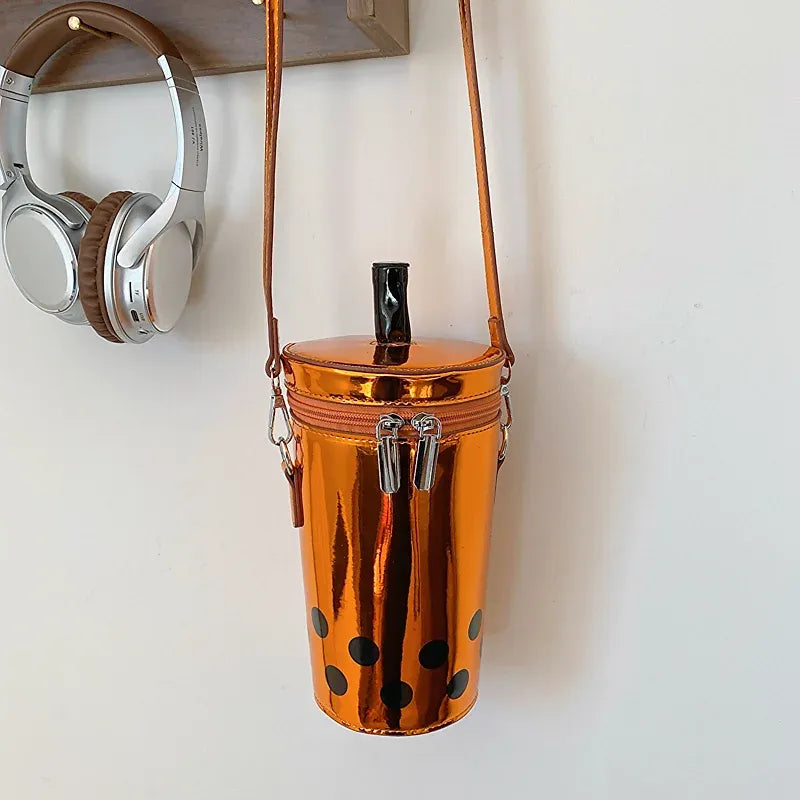Novelty Boba Cup Shape Shiny Patent Leather Crossbody Bag