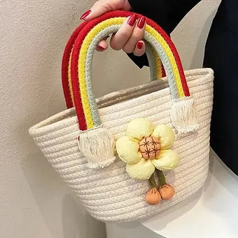 Bohemian Floral Woven Tassel Large Capacity Straw Bucket Tote Bag