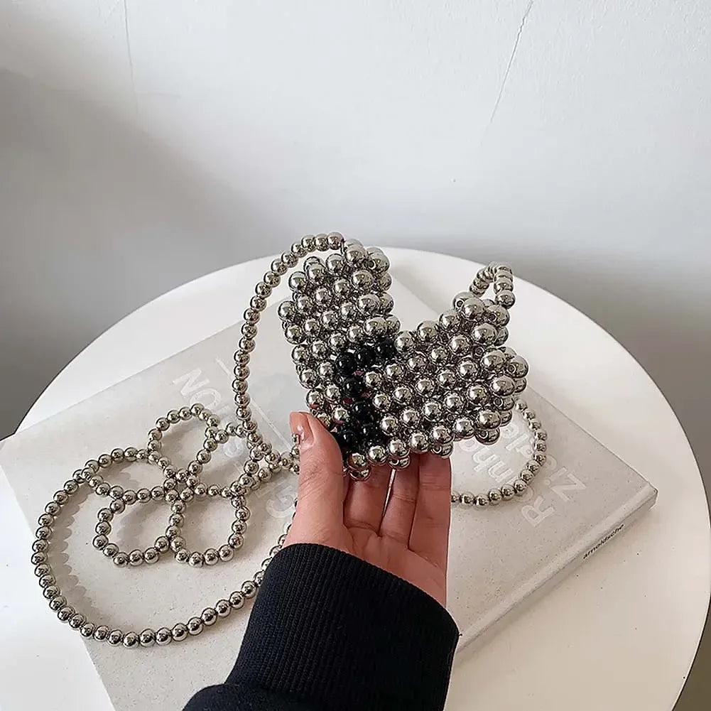 Chic Floral Pearl Chain Heart Woven Mini Shoulder Bag