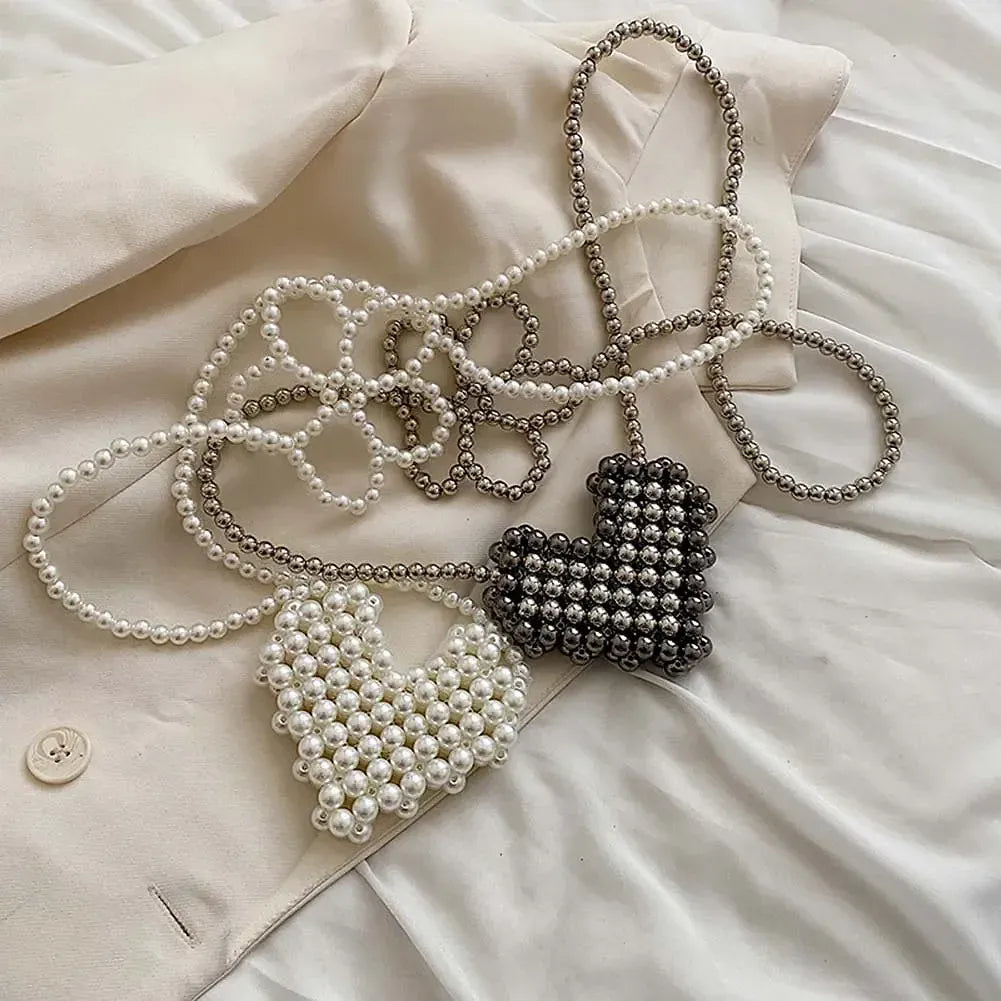 Chic Floral Pearl Chain Heart Woven Mini Shoulder Bag