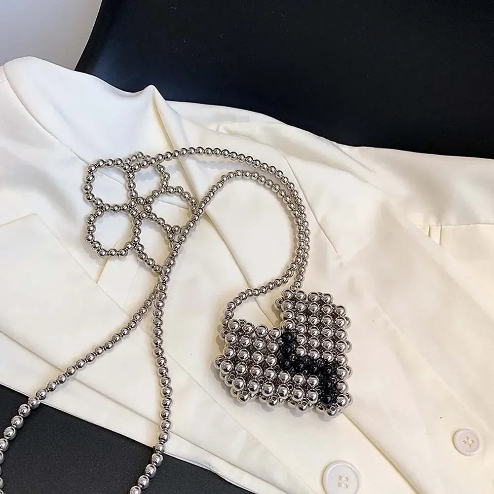Chic Floral Pearl Chain Heart Woven Mini Shoulder Bag