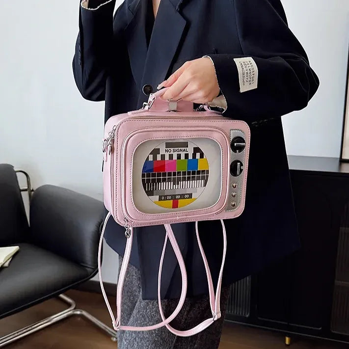 Novelty Retro TV Shape See-Window Shoulder Backpack Bag