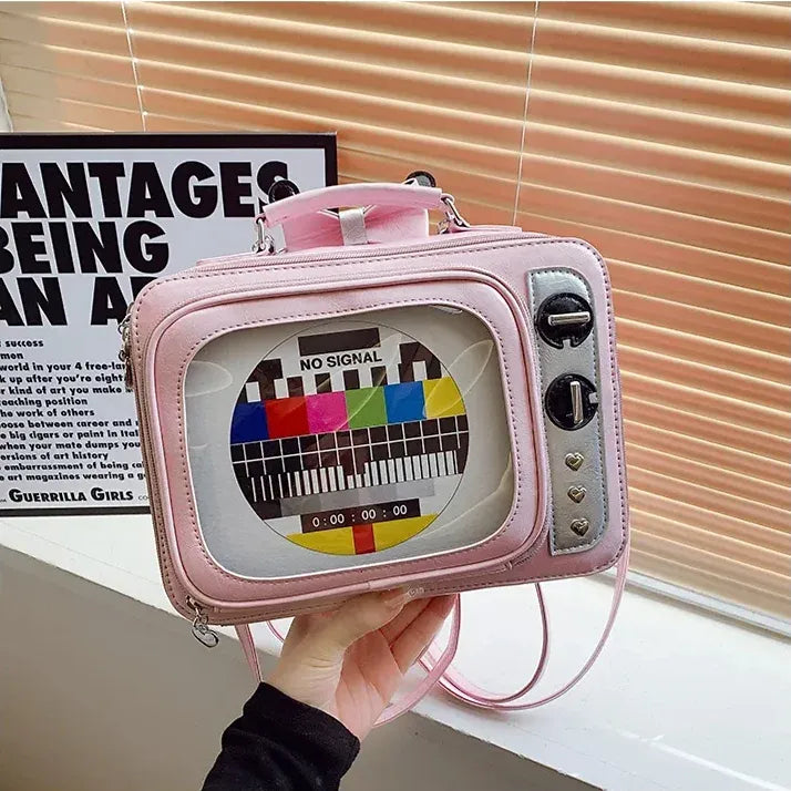 Novelty Retro TV Shape See-Window Shoulder Backpack Bag