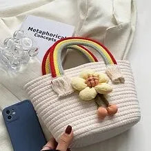 Bohemian Floral Woven Tassel Large Capacity Straw Bucket Tote Bag