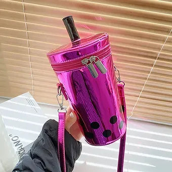 Novelty Boba Cup Shape Shiny Patent Leather Crossbody Bag