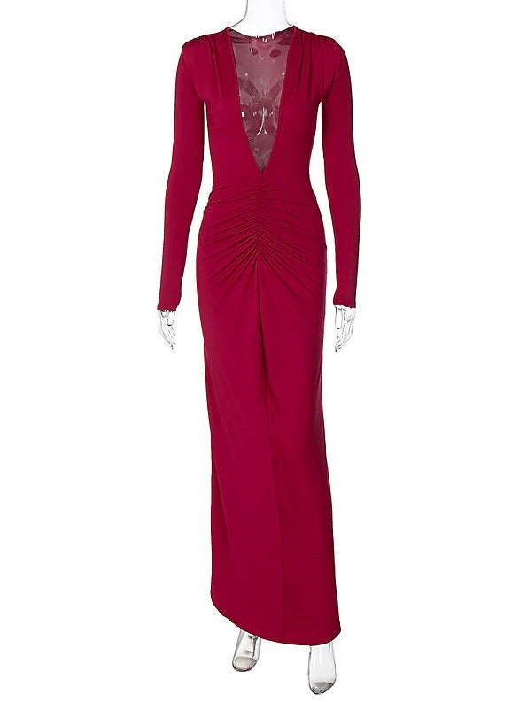 Slim-Fit Pleated Backless  Maxi Dress