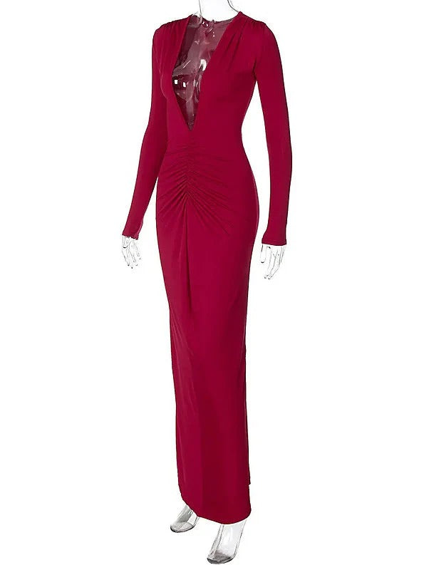 Slim-Fit Pleated Backless  Maxi Dress