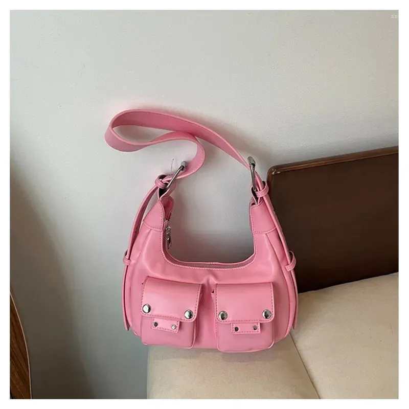 Luxury Crescent Shape Double Pocket Adjustable Strap PU Leather Crossbody Bag