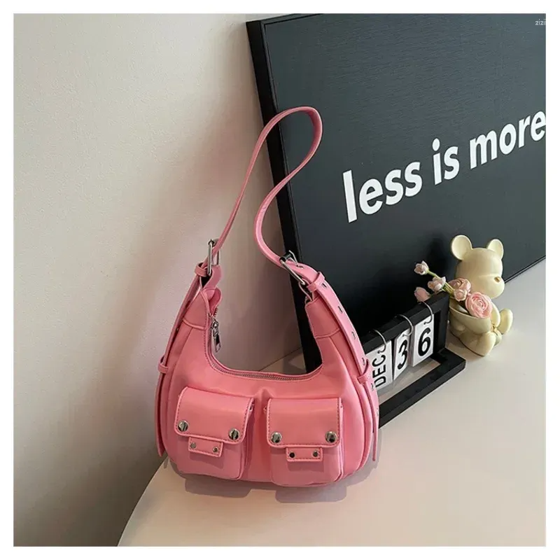 Luxury Crescent Shape Double Pocket Adjustable Strap PU Leather Crossbody Bag