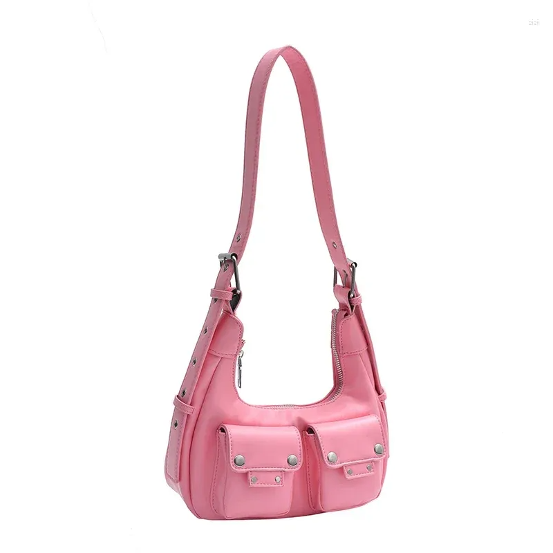 Luxury Crescent Shape Double Pocket Adjustable Strap PU Leather Crossbody Bag